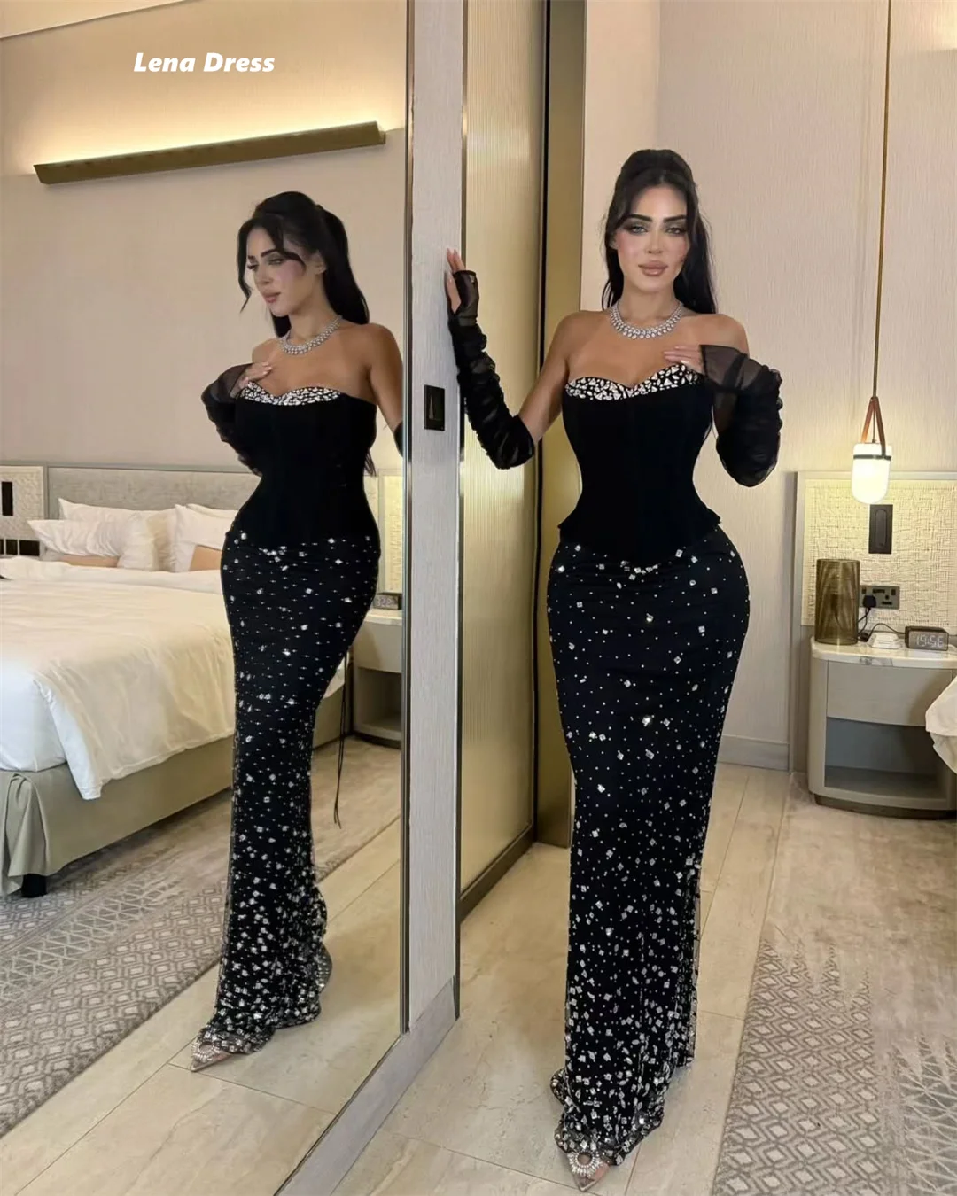 Lena Off the Shoulders Ballkleider 2025, luxuriöses Party-Abendkleid für Damen, glänzend, maßgeschneidert, elegante Damenkleider, schwarz, lang