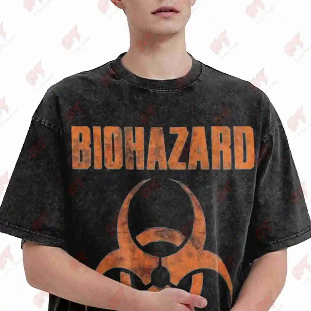Biohazard Symbol Warning Hazard Print Vintage Washed Tee Pure Cotton T-Shirt