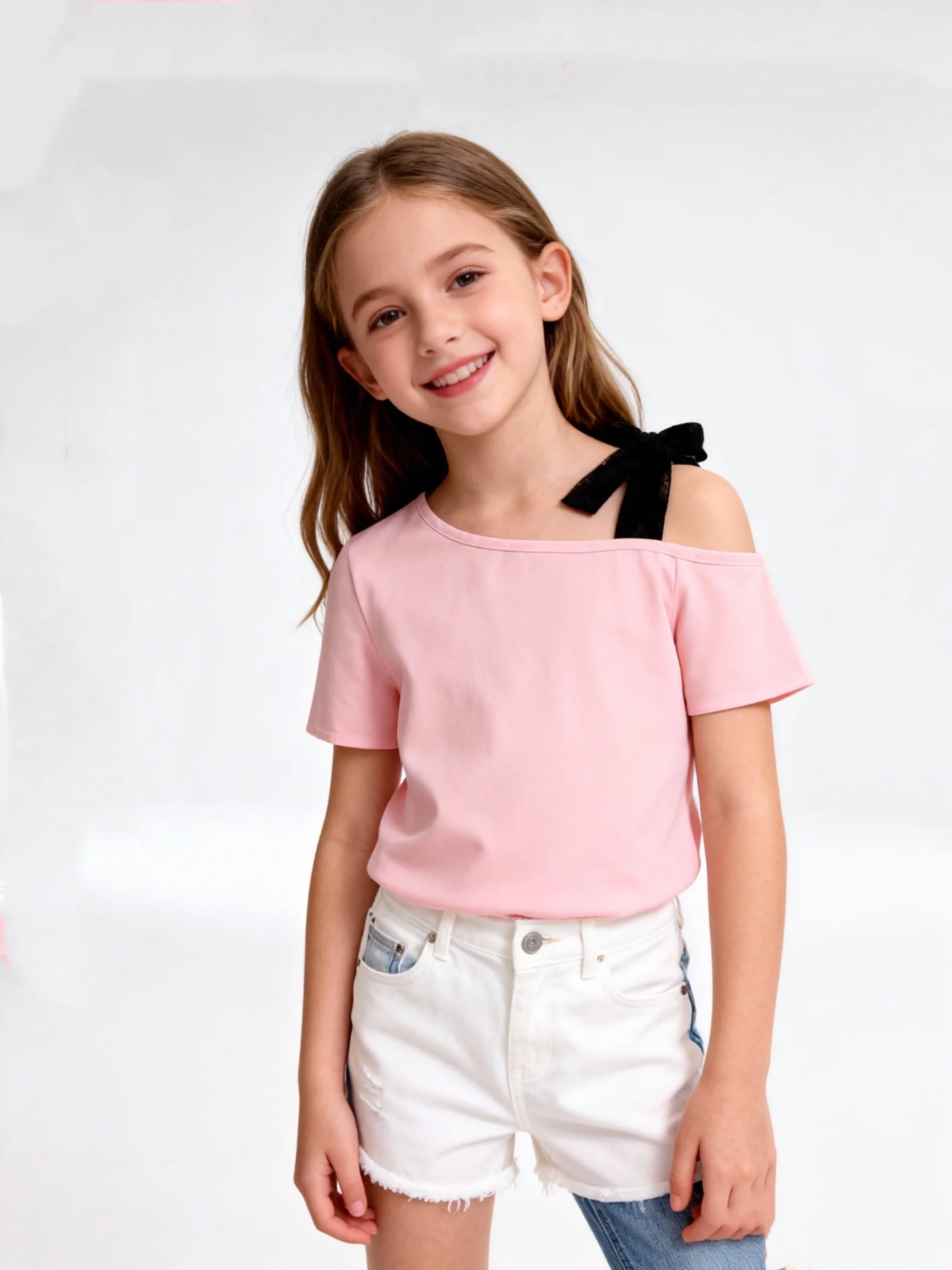 Sommer Neue Mädchen Kurzarm Off Schulter Einfarbig Casual T-Shirt Modische Und Vielseitige Design Sinn Modische Top