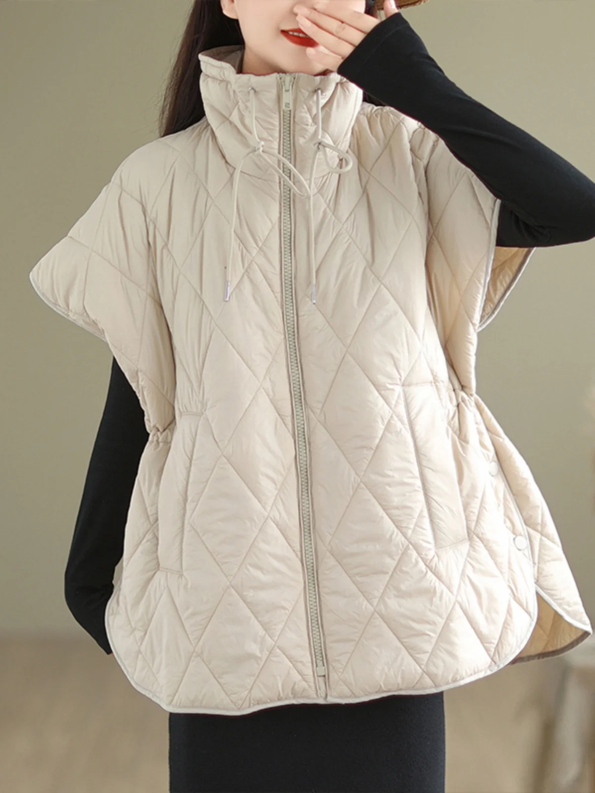 2026 Autumn Winter Loose Commute Style down Cotton Vest Women's New Model Diamond Grid Pattern Padded Jacket Outerwear