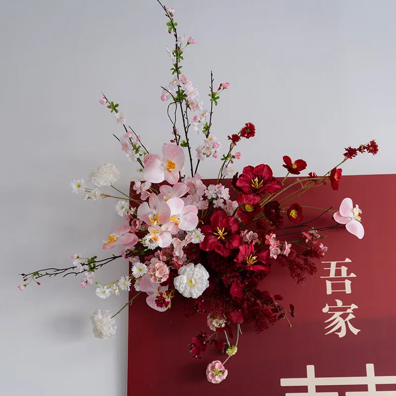 red wedding decoration wall hanging simulated flower arrangement, hotel wedding banquet birthday party