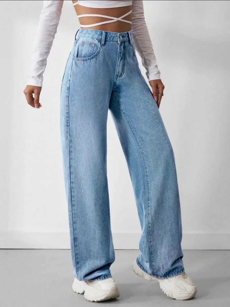 

2026 Spring Autumn Women Plus Size High Waist Denim Jeans Wide Leg Straight Flared Casual Pants for Curvy & Plus Size Ladies