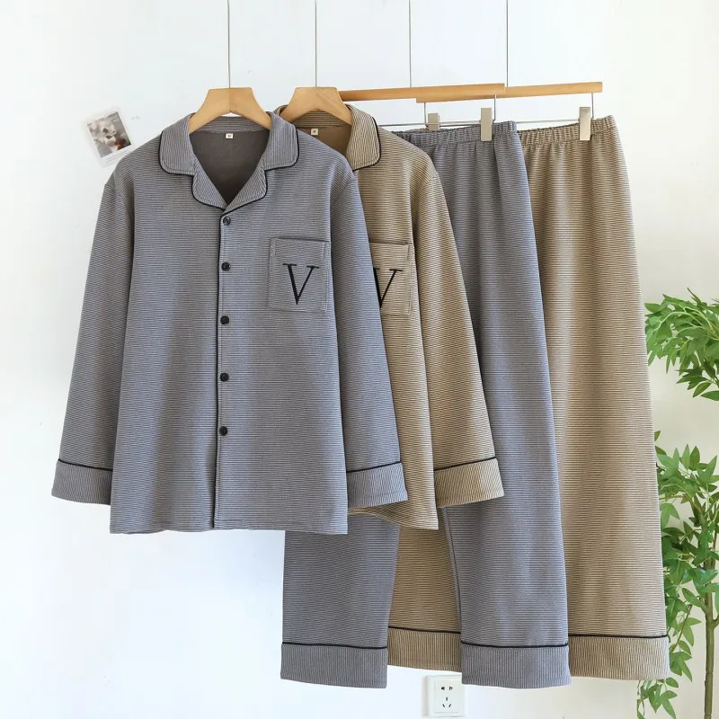Autumn Winter Men Casual Stripe Pajama Sets Male Warm Dralon Sleepwear Suit Long Sleeve Shirt & Pants Men's Thicken Home Clothes