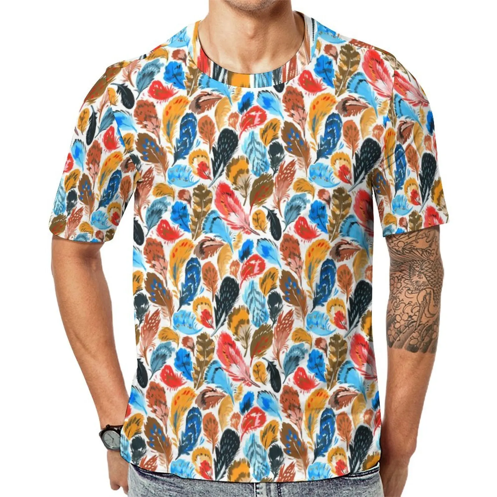 Summer T Shirt Bright Feather T-Shirts Colorful Print Casual Vintage Tees For Mens Short-Sleeved Graphic Plus Size Tops