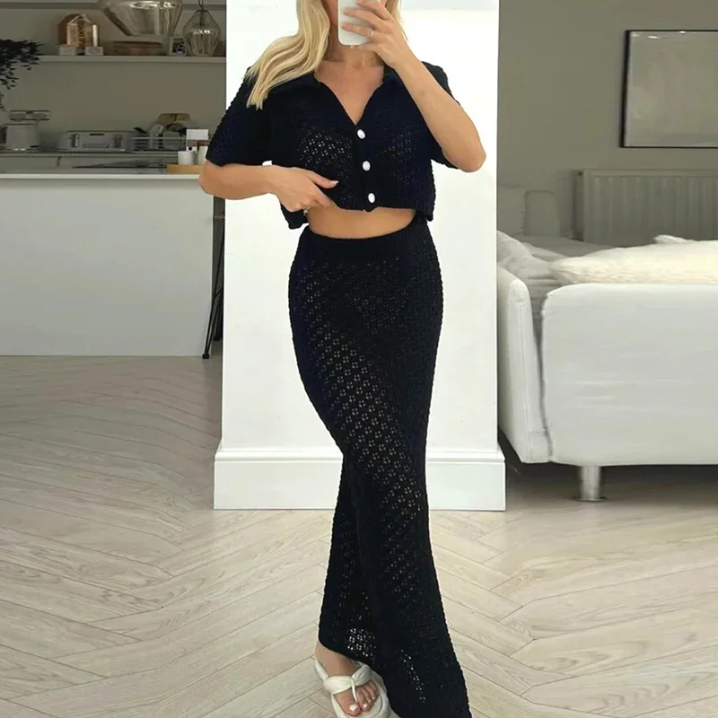 Women Elegant Crochet Long Skirt Outfit Casual Short Sleeve Solid Loose Knit Hollow 2Pc Set Sexy V-neck Button Top & Skirt Suits