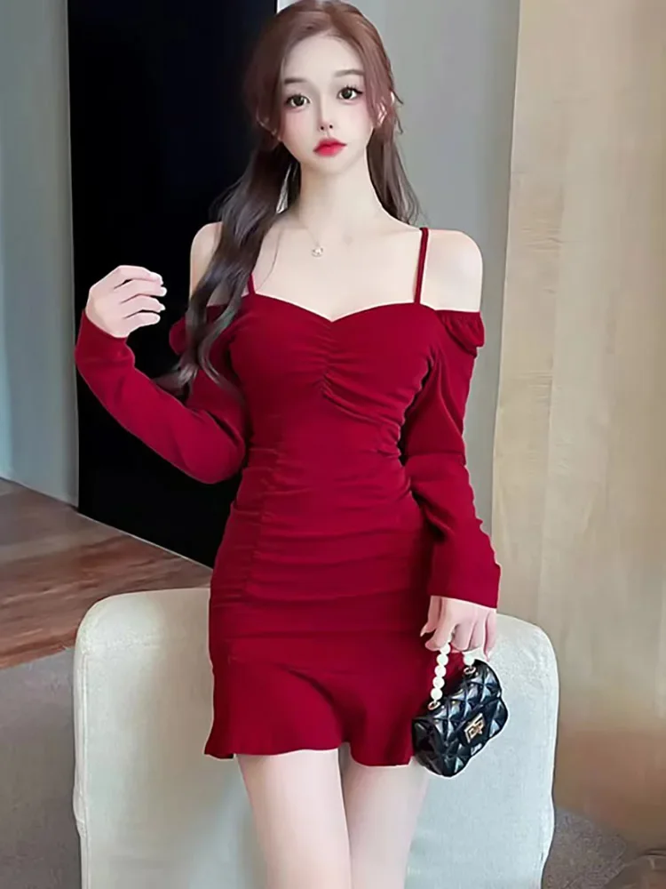 2024 Red Long Sleeve Chic Sling Sexy Mini Dress Women Elegant Casual Ruffled Prom Dress Autumn Korean Bodycon Dance Party Dress