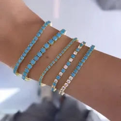 Mix White Turquoises Round 3MM CZ Prong Set Tennis Chain Bracelet Gold Color Fashion High Quality Women Jewelry