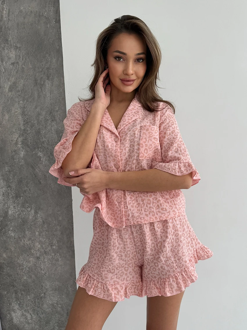 Marthaqiqi Leopard Print Ladies Nightgowns Suit Turn-Down Collar Pajama Half Sleeve Sleepwear Shorts Casual Female Nightwear Set