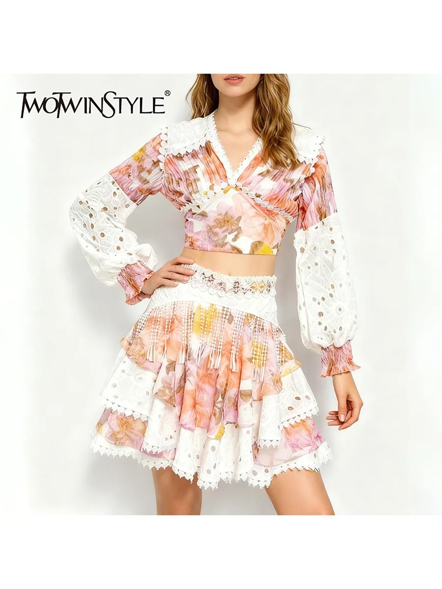 

TWOTWINSTYLE Hit Color Printing Two Piece Sets for Women V Neck Long Sleeves Hollow Out Top Spliced Tassels Skirt Set Female New