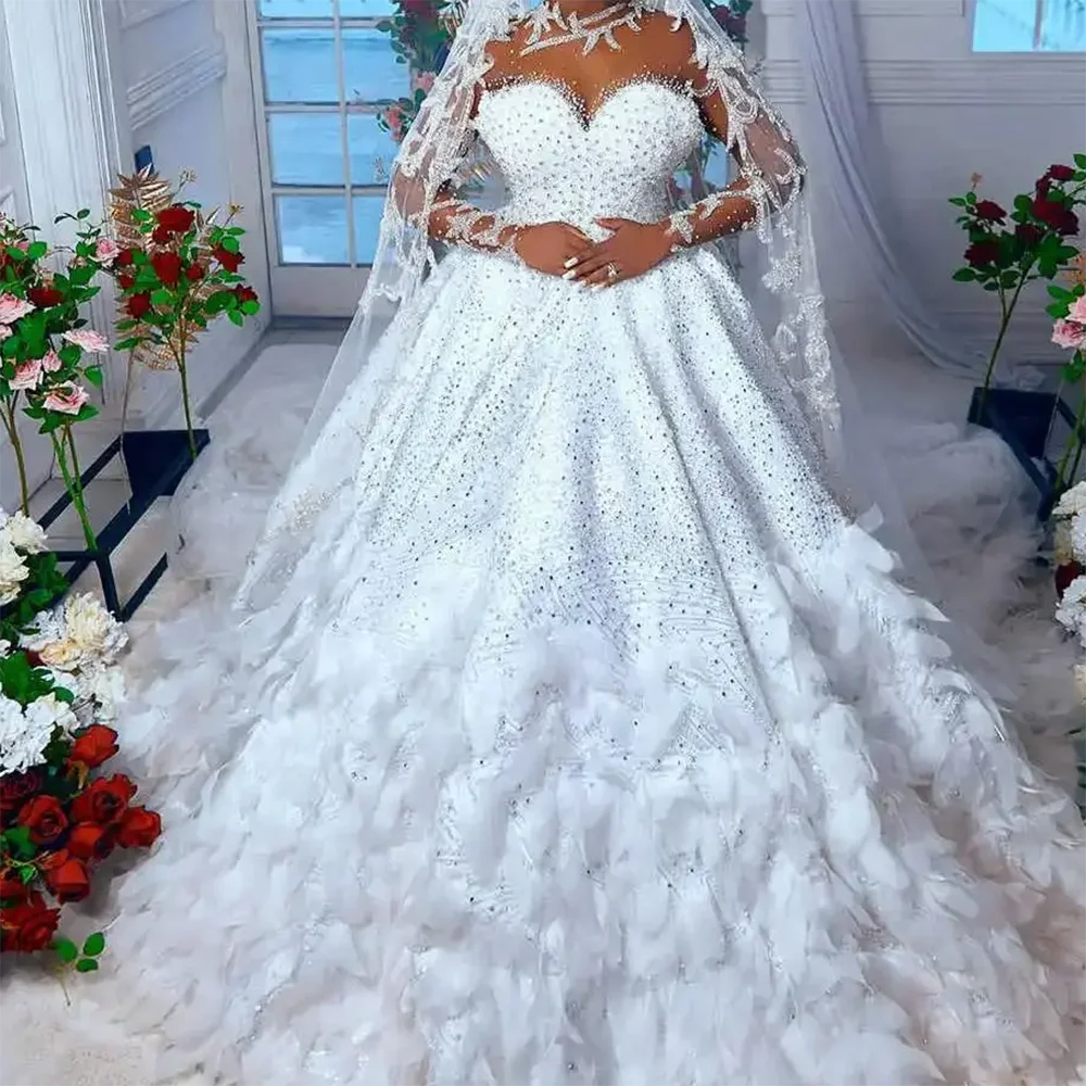 

Luxury O-Neck Appliquins Beading Pearls A-Line Bride Wedding Dresses Bridal Gowns Customized