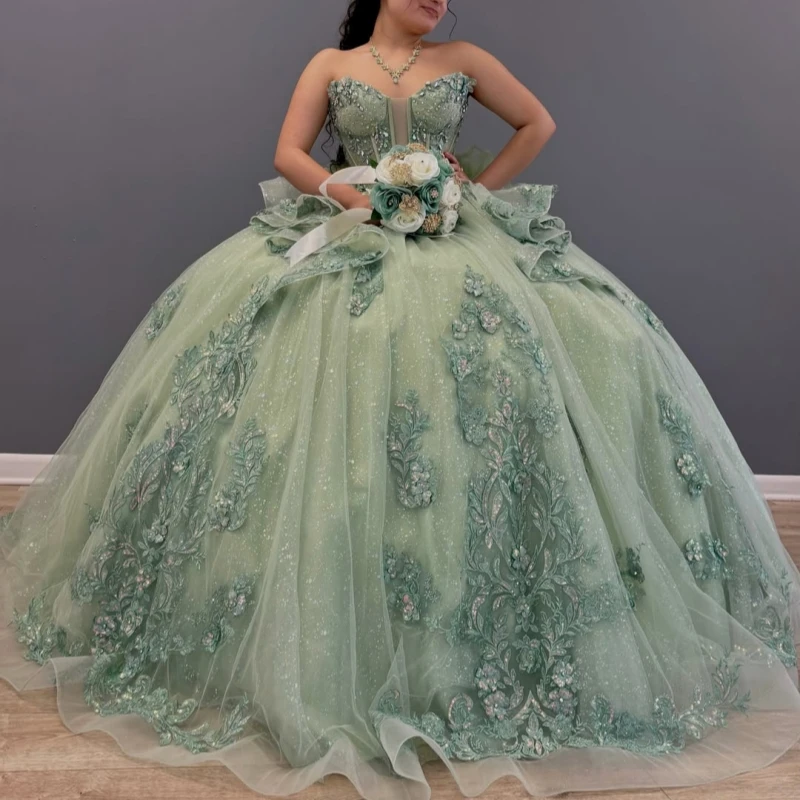 

Mint Green Shiny Ball Gown Quinceanera Dresses Applique Lace Flower Beading Crystal Tull Corset Off Shoulder Sweet 16 Dress vest