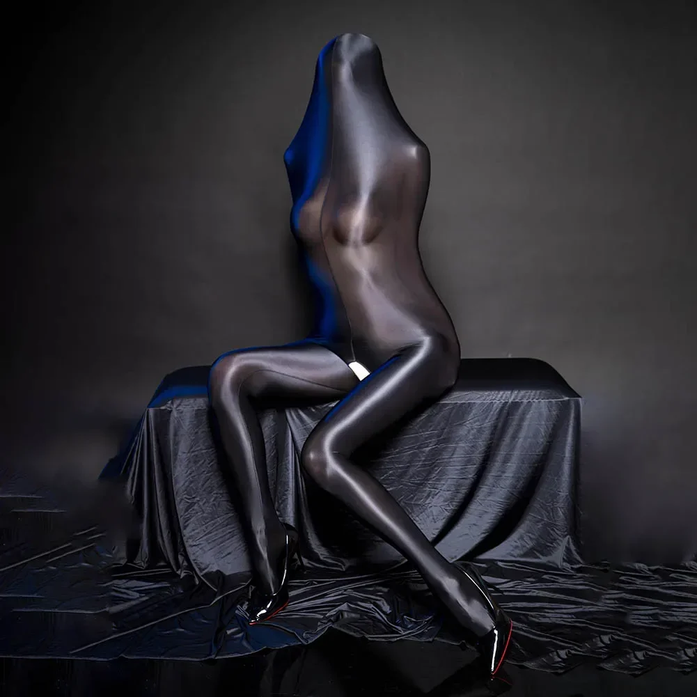 

Sexy Women Full Body Stockings Sleeping Bag Mummy Bondage Pullover Oil Glossy Shiny Tights Sheer Bodysuit Fullcover Crotchless