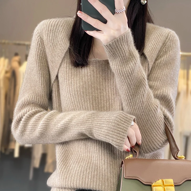 Autumn And Winter New Woolen Sweater Women's Low Neck Long Sleeve Pullover 100% Pure Wool Loose Solid Color Temperament Knitwear
