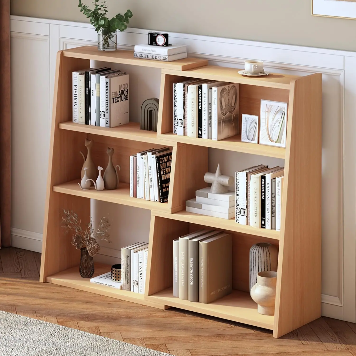 Wooden Extendable Heavy Duty Durable Shelf Bookcase-3-Tier Ladder Low Short Bookshelf for Small Space or Corner
