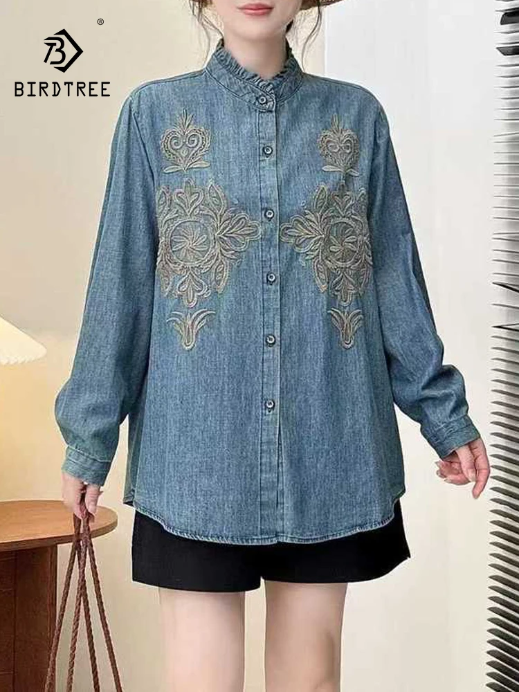 

New 2026 Spring Long Sleeve Denim Shirt, Women Stand Ruffles Embroidery, Mori Girl Vintage Ethnic Style Loose Blouse T61353CC