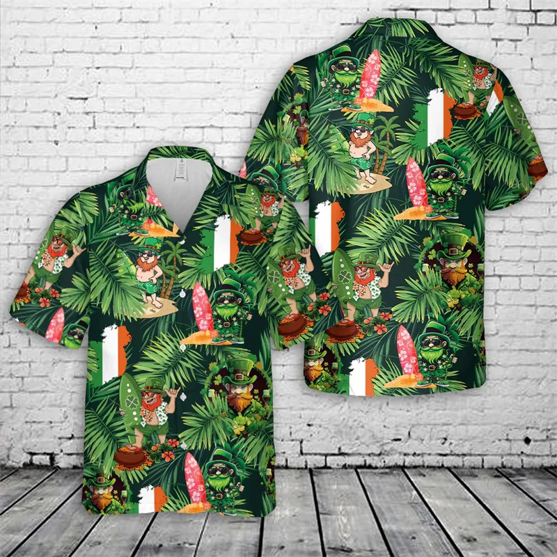 Happy St. Patrick's Day Hawaiian Shirt For Men 3D Printed Green Shirts New Fashion Spring Short Sleeves Tops Lapel Button Blouse