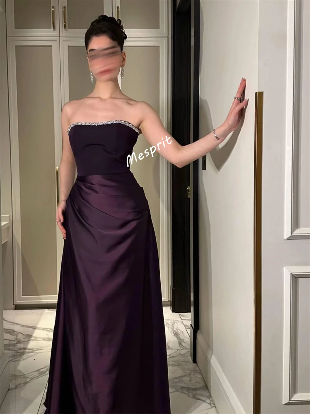 Sukienki na zamówienie z charmeuse, koronką, dżetami, bez ramiączek, o kroju litery A, długie, wysokiej jakości, eleganckie, damskie, w kolorze fioletowym, na specjalne okazje, na wieczorne przyjęcia.