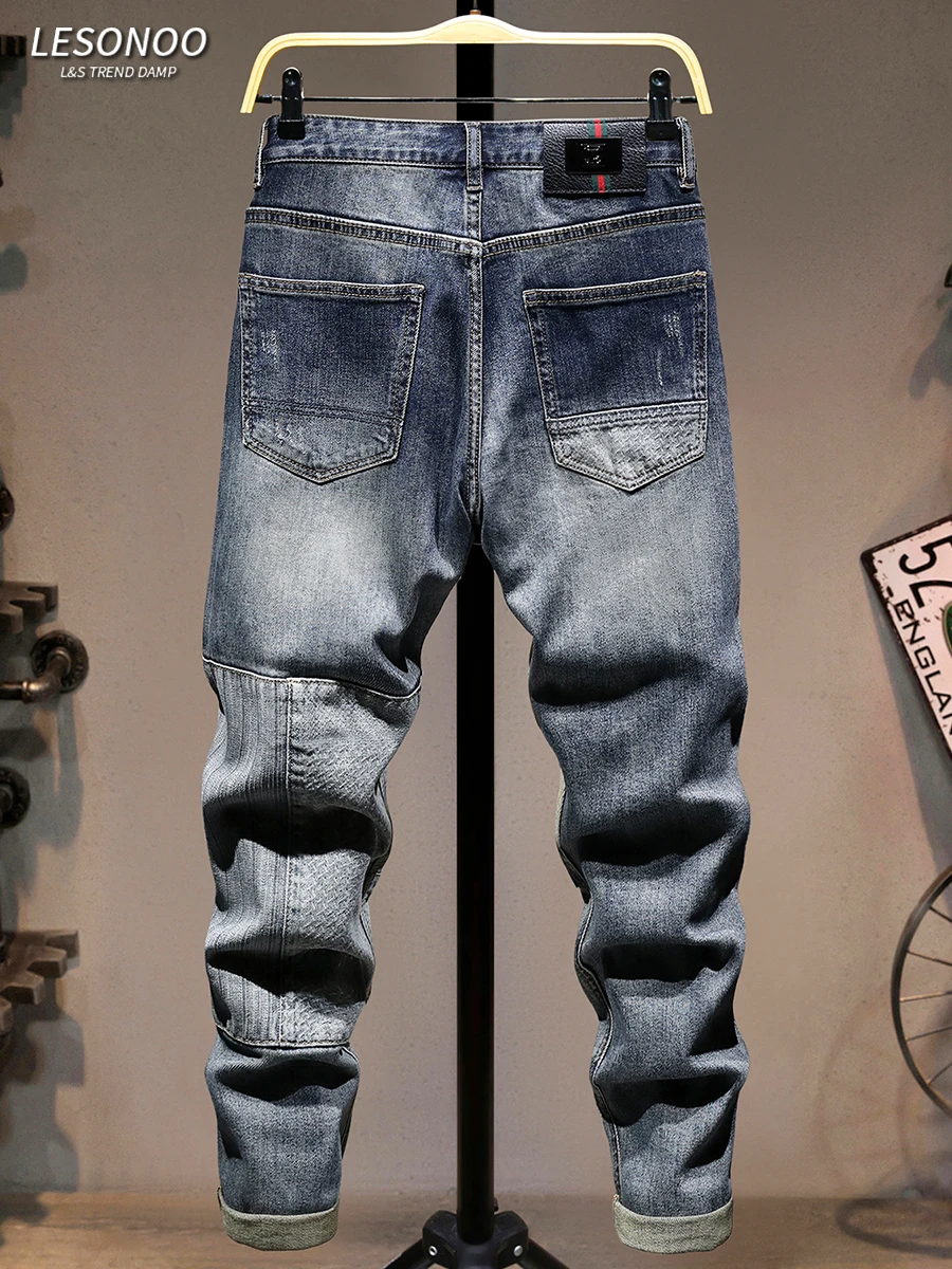 

Высококачественные эластичные мужские джинсы с цветными вставками, облегающие, модные, трендовые, весенне-осенние, новые, из хлопкового стрейч-денима