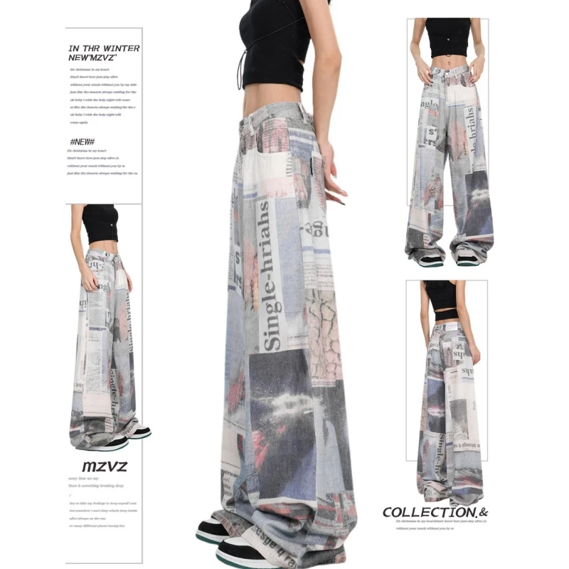 

Джинсы газетные в стиле хип-хоп Y2K, корейские Ретро-джинсы, женские американские свободные прямые брюки в стиле Хай-стрит с широкими штанинами