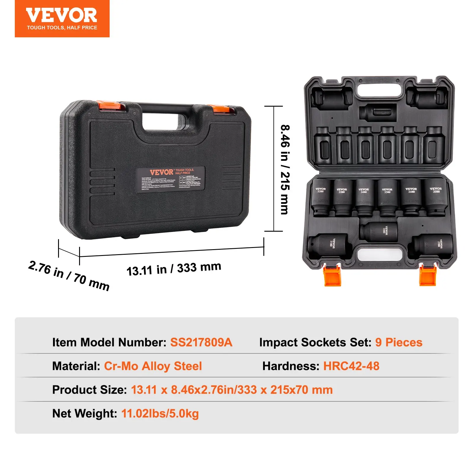 VEVOR-Jeu de Douilles à Impact d'Entraînement, 1/2 Pouces, 9/11 Pièces, en Acier Alliage MeaccelerCr-Mo Cr-V, Kit d'Outils à Cliquet pour Réparation Automobile