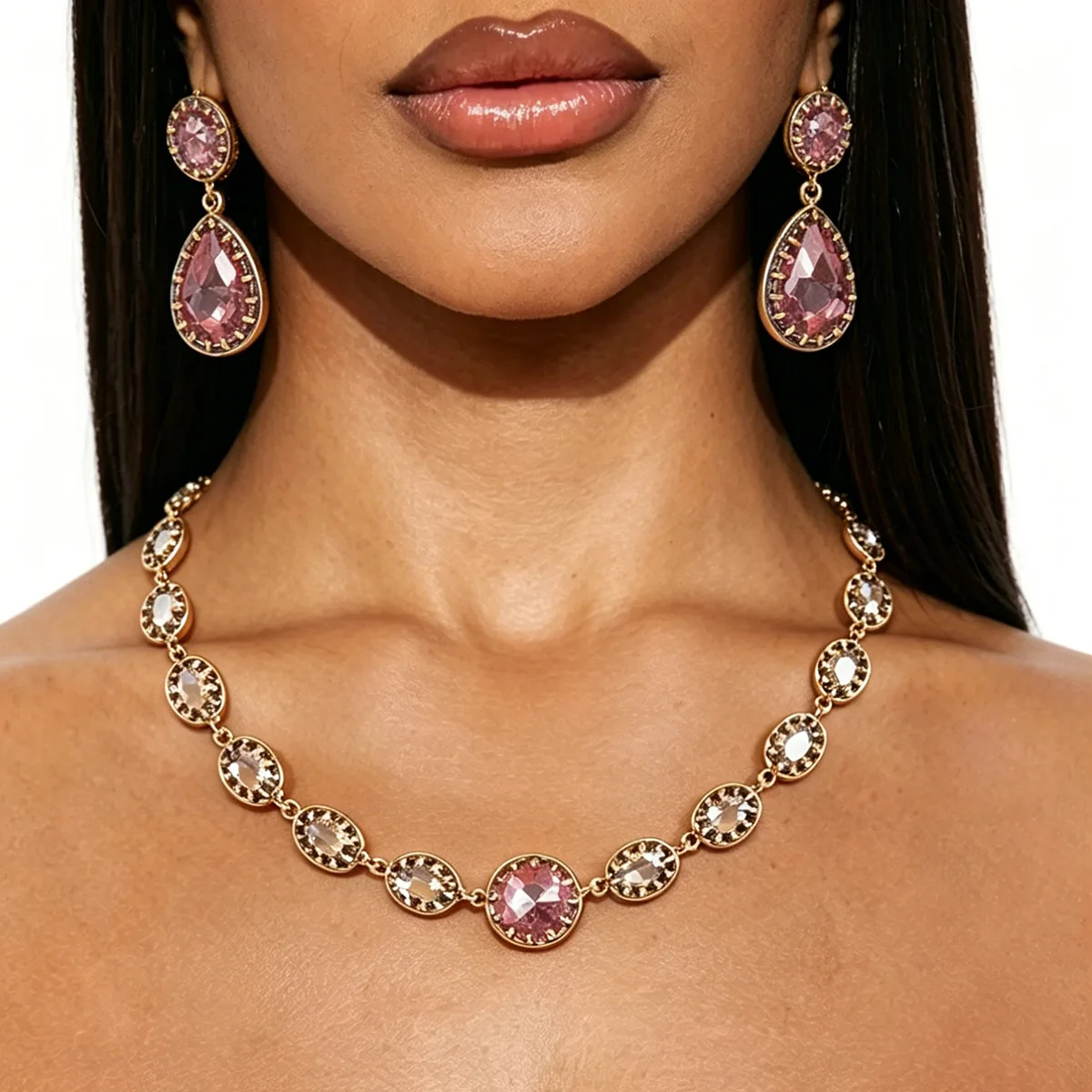 N13834 Gorgeous Flash Diamond Glass Bead Necklace Mobius Gypsy Light Luxury Pink Water Drop Earrings Women