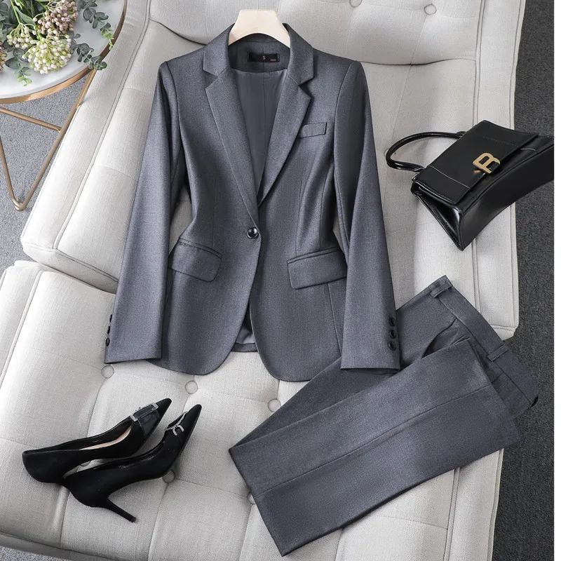 NAVIU Gray Suits Women New Autumn Winter Temperament Professional Formal Slim Blazer And Pants Sets Office Lady Work Wear Black