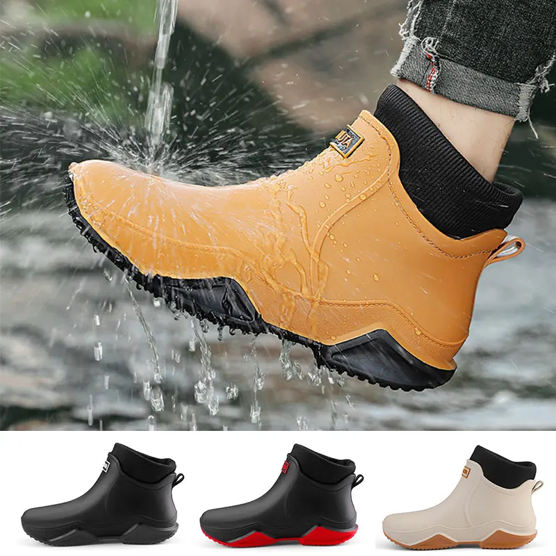 Men's Rain Shoes Waterproof Oil Proof Winter Outdoor Women Water Shoes Plush Lining PU Non-Slip Low Top Rain Boots EU 36-44