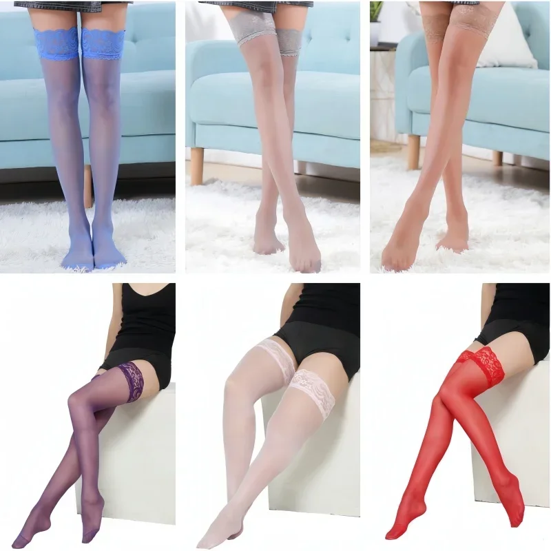 FREEAUCE Women Thigh Long Socks Plus Size Black White Lace Top Over Knee High Elastic Fishnets Stockings Sexy with Anti-slip