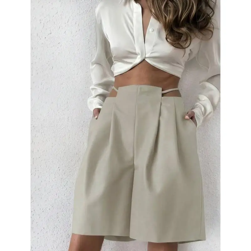 

Женские свободные сложенные брюки с вырезами Pure Color orts, винтажные брюки с девятью точками, эластичные микроэластичные брюки