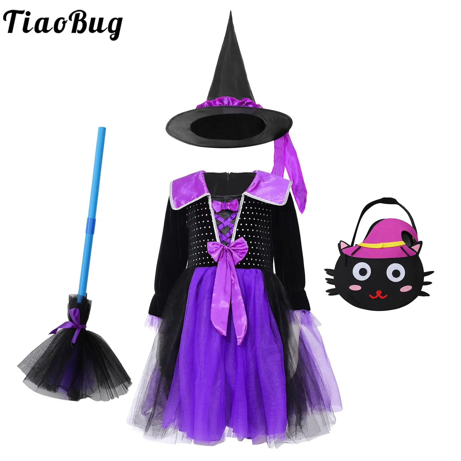 Kids Girls Halloween Witch Cosplay Costume LED Light Up Dress with Witch Hat Broom Magic Bag for Theme Party Role Play Dress Up