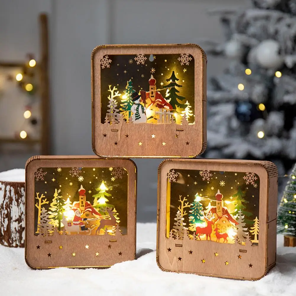 Christmas Light Wood Cutout Figures Light Up Holiday Table Ornament Battery Operated LED Christmas Night Light for Home Office D