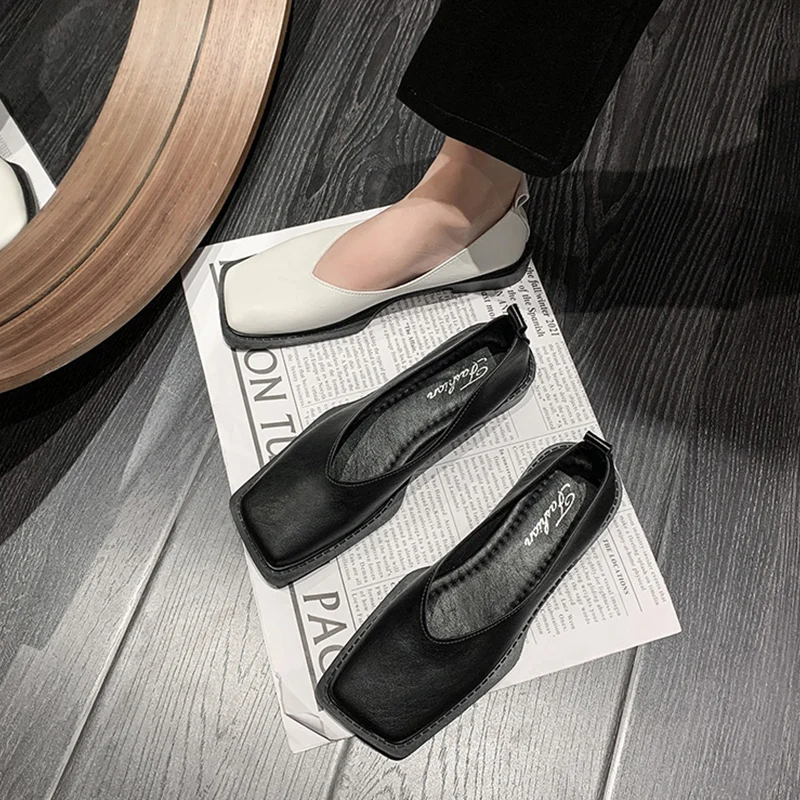 Women Shoes Autumn Square Toe Loafers With Fur Female Footwear Shallow Mouth Slip-on Casual Sneaker Fall New Dress Slip On Mocca