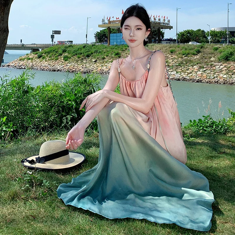 

Seaside Vacation Style Gradient Dyed Camisole Dress for Women 2026 Summer New Style Fashion Casual Loose Dopamine Long Dress