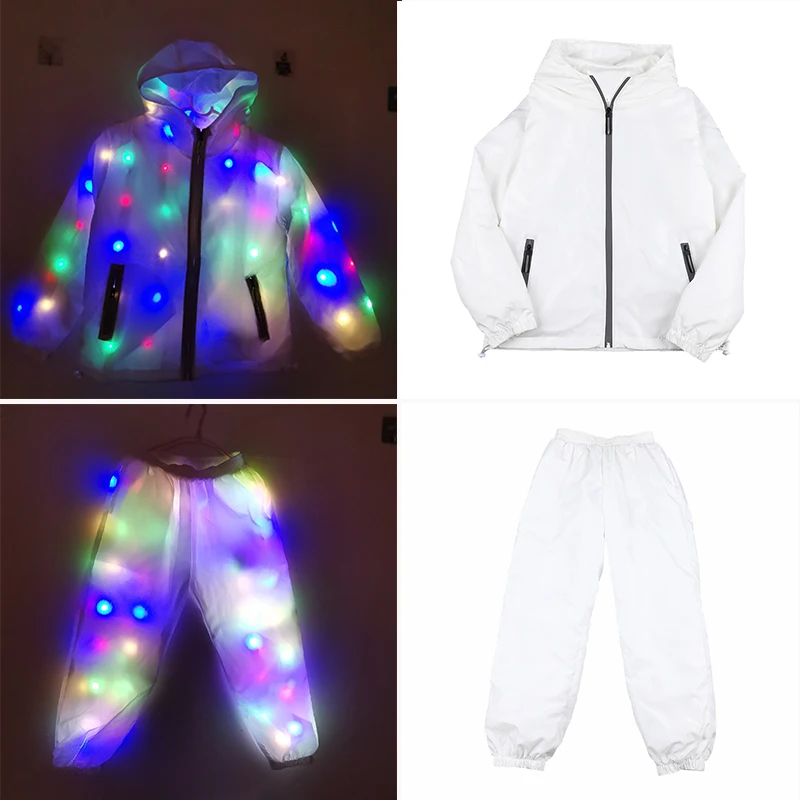Świecący strój taneczny Kurtka LED Spodnie LED Luminous Ubrania LED Cosplay dla Chłopców Dziewcząt Dzieci Kostium na Halloween Kieszeń z Zamkiem Błyskawicznym