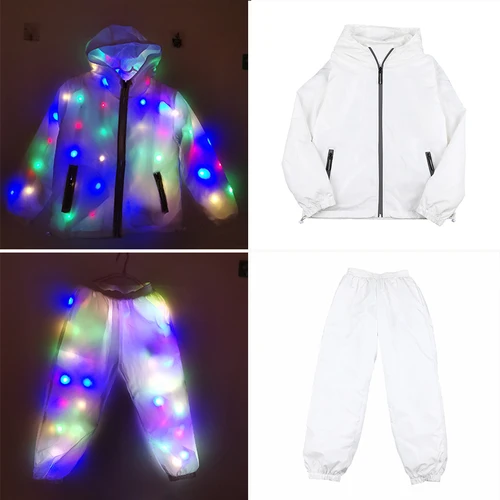 Imagen 1 del producto Traje de baile brillante, chaqueta LED, pantalones LED, ropa de Cosplay LED luminosa, disfraz de Halloween para niños y niñas, bolsillo con cremallera