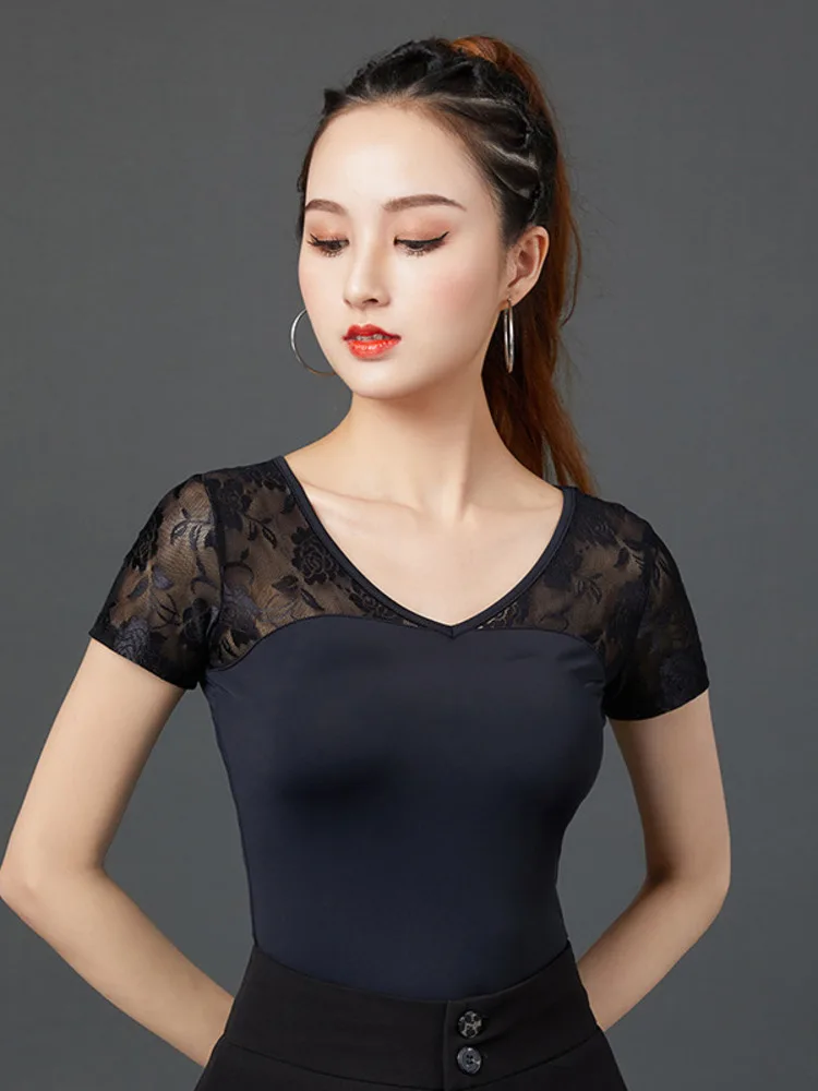 Mesh Patchwork Evening Tops Dance Sports Costume Women Latin Clothes Slim Fit Pole Practice Wear V Neck Ballroom Shirt