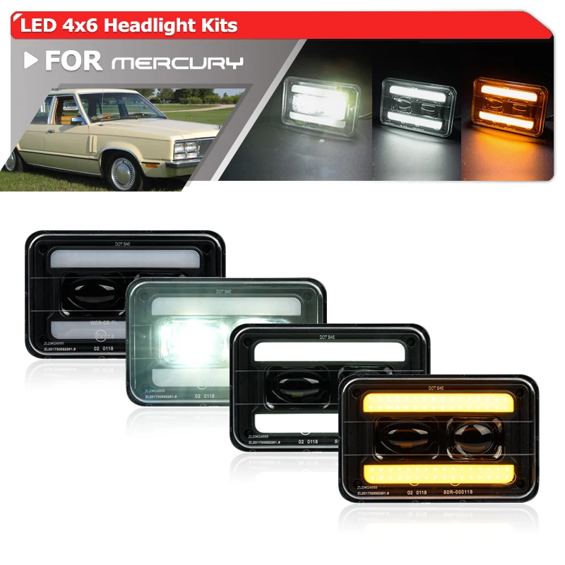 

For Mercury Grand Marquis Zephyr Capri Colony Park Cougar Upgraded H4651 4x6" Led Headlights DRL/Turn Signal/Hi/Lo Sealed Beam