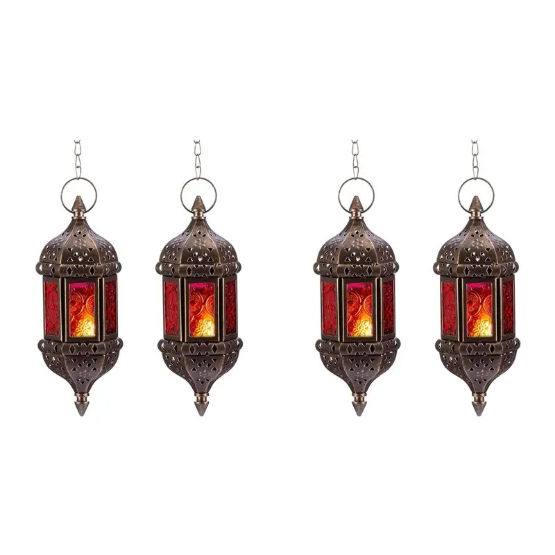 AB34-4 Pcs Hanging Hexagon Decorative Moroccan Candle Lantern Holders, Handmade Hanging Tea Light Holder