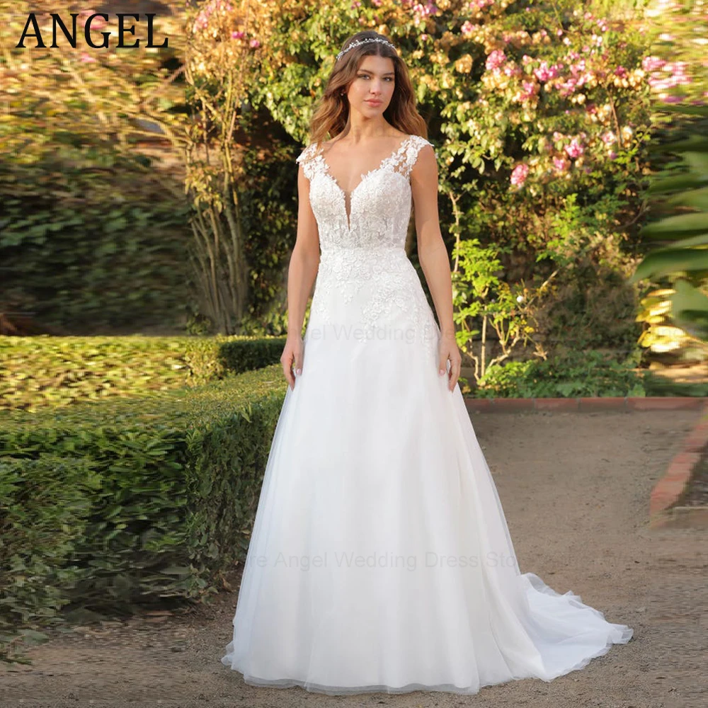 

ANGEL A-Line V-Neck Classic Wedding Dresses Women 2024 Sleeveless Tulle Bridal Gowns Applique Zipper Backless Vestidos de Novia