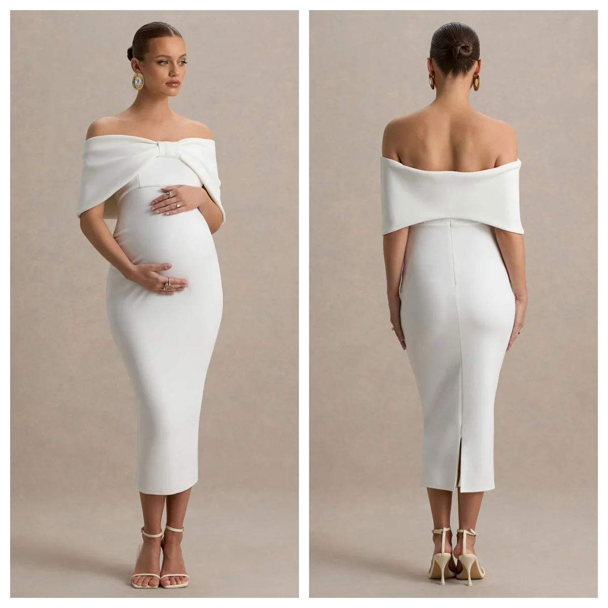 

Plus-Size Women Maternity White Bow Bodycon Bardot Midi Dress Mermaid Short Sleeves Gown Formal vestidos de fiesta