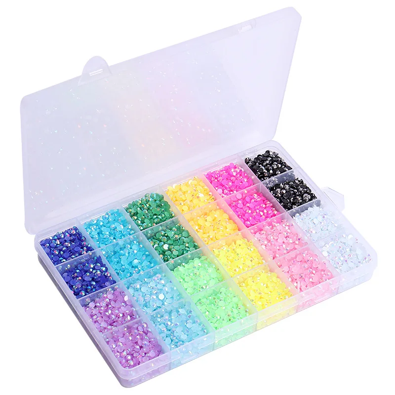 Nail Decoration Boxed 24 Compartments 4mm Mix Candy Colors Jelly AB Flatback Resin Non Hot Fix Rhinestones 3D Nail Art DIY