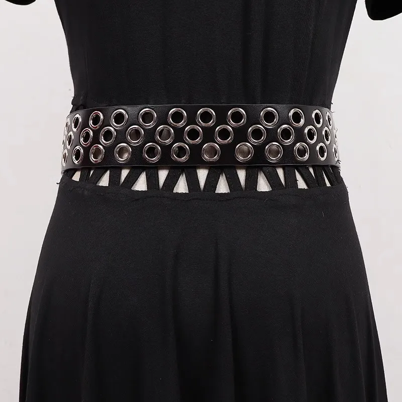 Women's Fashion Black Genuine Leather Hollow Out Cummerbunds Female Dress Corsets Waistband Belts Decoration Wide Belt R1455