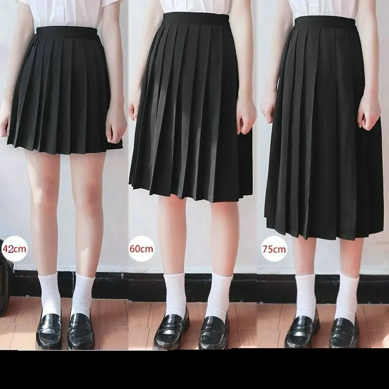 Japanese Student Girls Skirt School Uniform Solid Color Suit Pleated Skirt Short/Middle/Long High School Elastic Waist Dress