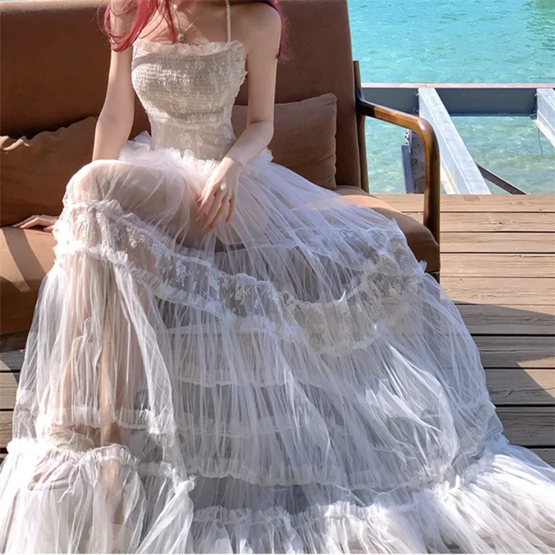 

Stunning Summer Resort Style Fairy White Lace Mesh Long Dress New Holiday Halter Bali Thailand Backless Beach Dress Vestidos