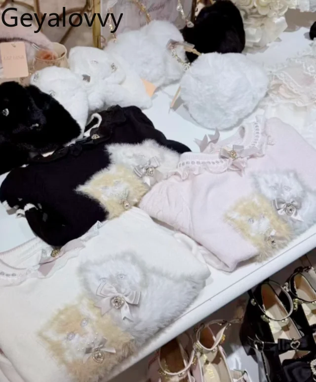 

Autumn and Winter New Cartoon Print Fluffy Soft Pullover Knit Pullover Sweet Cute Girls Bowknot Versatile Outerwear Sweater