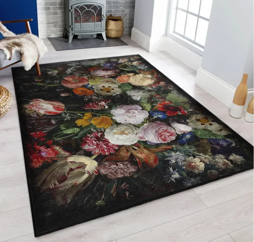 Vintage Floral Dark Area Rug Botanical Elegance Runner Bloom Mat - Black Garden Accent Rug-Machine Washable Carpet-Artistic Mat