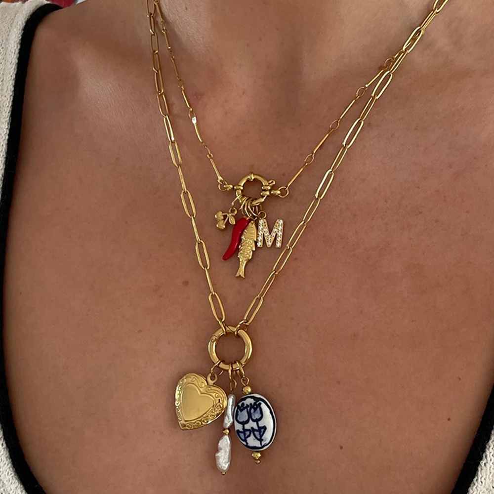 Uworld Fashion Stainless Steel Heart Shaped Red Chili Fish Pendant Necklace Ceramic Pearl Functional Buckle Stackable Necklace W