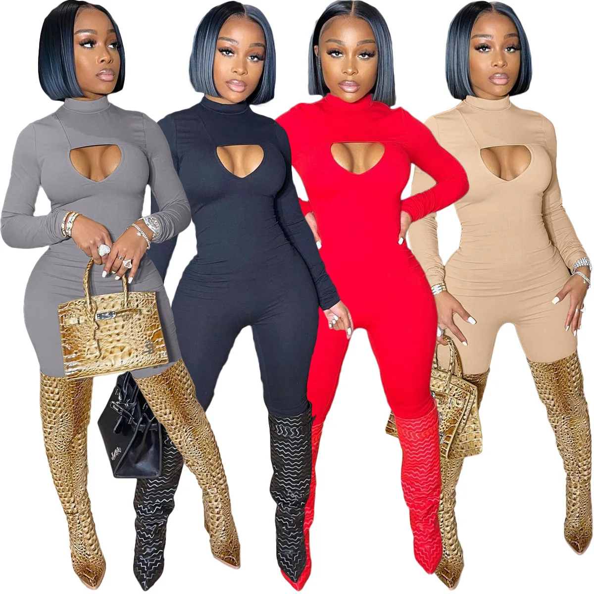 

BKLD Jumpsuits Women One Pieces Long Sleeve Chest Hollow Out Tight Jumpsuit Sexy Night Club Outfits Summer Clothes 2024 New