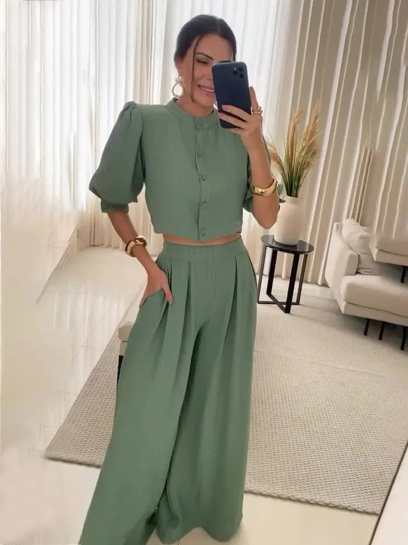 Women Two Piece Pant Sets Solid Wide Leg Pants High Waist Half Sleeve Button Splice Tops Casual Loose Elegant Summer 2024