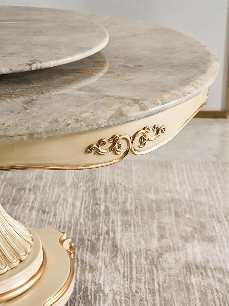 Palace retro French style natural marble dining table European style solid wood rotary table, round dining table